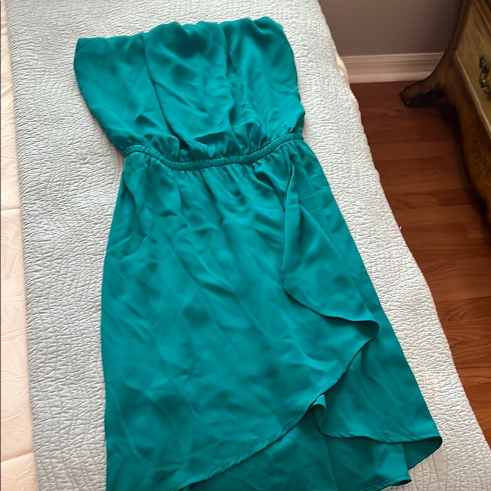 Express Green and Blue Asymmetrical Strapless Sundress Cocktail